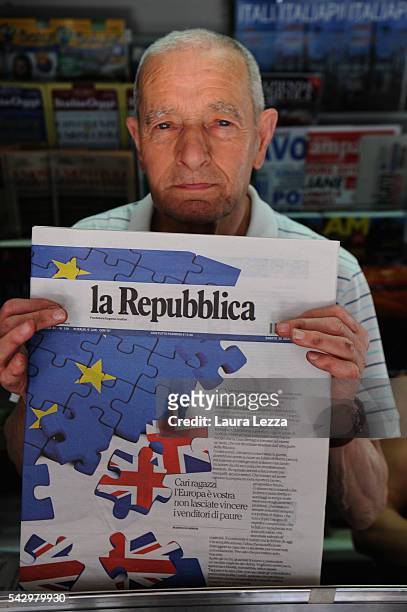 Newsagent shows one of the major italian newspaper 'La Repubblica' declaring about Brexit and UK leaving the European Union on June 25, 2016 in the...