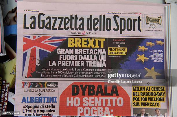 The most popular Italian sports newspaper 'La Gazzetta dello Sport' declaring about Brexit and UK leaving the European Union is displayed on June 25,...