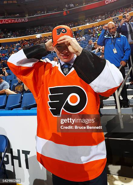 Carter Hart reacts after being selected 48th by the Philadelphia Flyers during the 2016 NHL Draft on June 25, 2016 in Buffalo, New York.