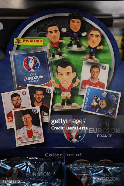 Euro 2016 Football stickers are displayed the day after the Brexit referendum on June 25, 2016 in the town of Nola near Naples, Italy. The results...