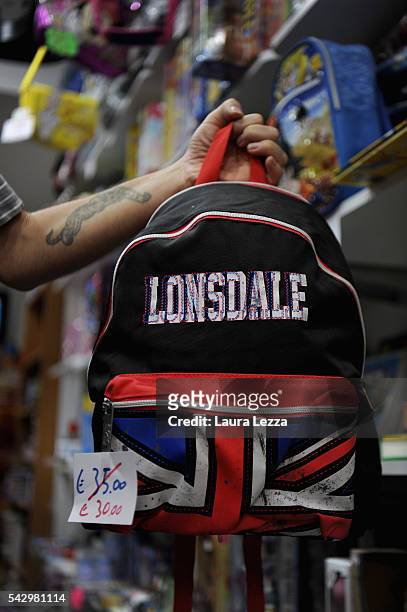 Bag with the Uk flag is displayed the day after the Brexit referendum on June 25, 2016 in the town of Nola near Naples, Italy. The results from the...