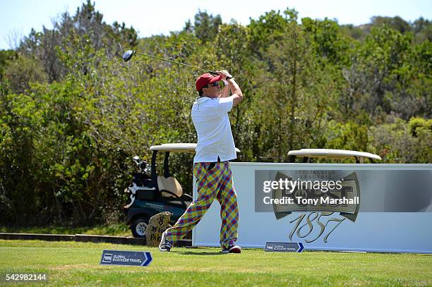 Dom Joly tees off during The Costa Smeralda Invitational golf tournament at Pevero Golf Club - Costa Smeralda on June 25, 2016 in Olbia, Italy.