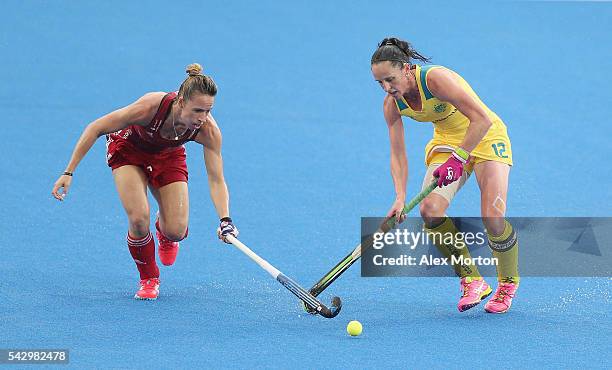 Susannah Townsend of Great Britain and Madonna Blyth of Australia during the FIH Women's Hockey Champions Trophy match between Great Britain and...