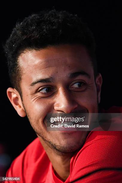 Thiago Alcantara of Spain faces the media during a press conference at Complexe Sportif Marcel Gaillard on June 25, 2016 in La Rochelle, France.