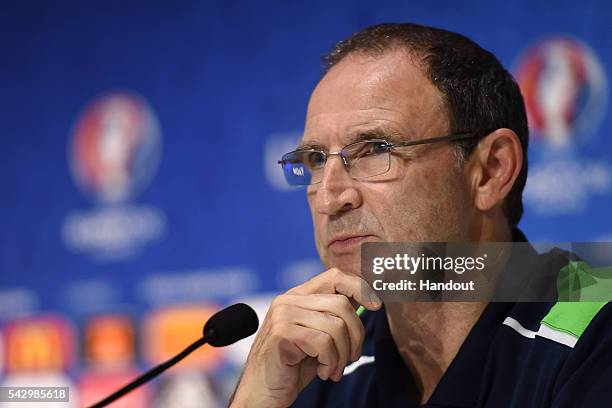 In this handout image provided by UEFA, Republic of Ireland head coach Martin O'Neill faces the media during the Republic of Ireland press conference...