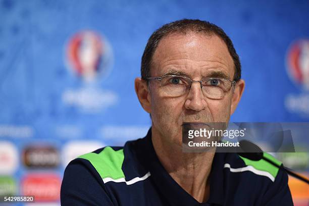 In this handout image provided by UEFA, Republic of Ireland head coach Martin O'Neill faces the media during the Republic of Ireland press conference...