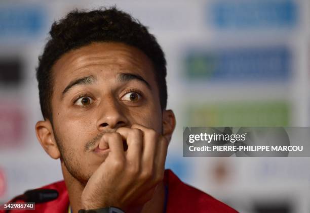 Spain's midfielder Thiago Alcantara attends a press conference at Saint-Martin-de-Re's stadium on June 25, 2016 during the Euro 2016 football...