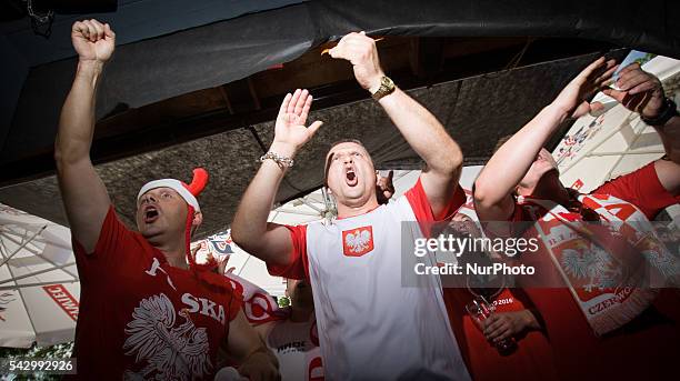 Polish fans are seen at a pub in Bydgoszcz, Poland, on 25 June 2016. After winning in the penalties round against Switzerland Poland is through to...