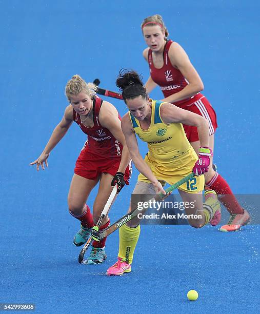 Sophie Bray of Great Britain and Madonna Blyth of Australia during the FIH Women's Hockey Champions Trophy match between Great Britain and Australia...