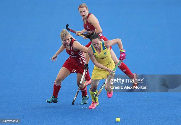 Sophie Bray of Great Britain and Madonna Blyth of Australia during the FIH Women's Hockey Champions Trophy match between Great Britain and Australia...