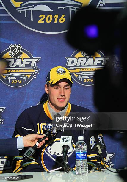 Brett Murray speaks to the media after being selected 99th overall by the Buffalo Sabres during the 2016 NHL Draft at First Niagara Center on June...