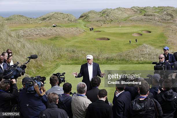 Donald Trump, presumptive Republican presidential nominee, speaks to members of the media at Trump International Golf Links in Aberdeen, U.K, on...