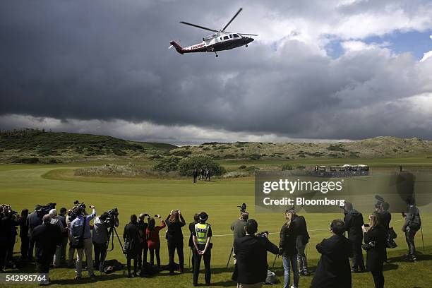 Helicopter carrying presumptive Republican nominee for U.S. President Donald Trump, arrives at Trump International Golf Links in Aberdeen, U.K, on...