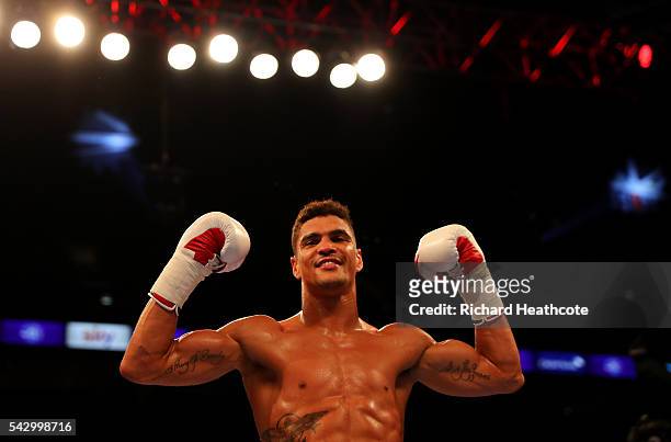 Anthony Ogogo celebrates victory over Frane Radnic of Croatia in a Middleweight contest at The O2 Arena on June 25, 2016 in London, England.