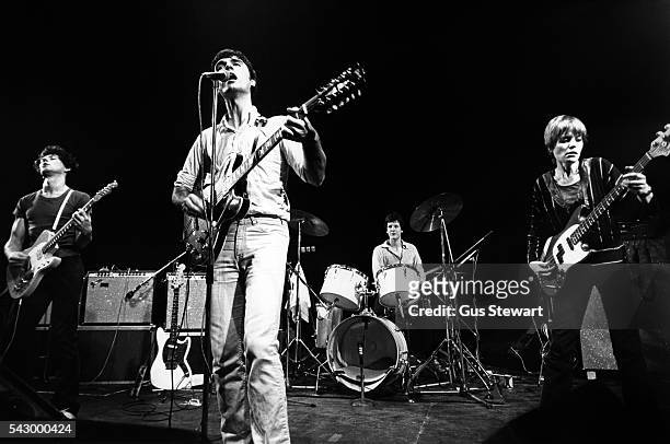Talking Heads perform on stage at The Roundhouse, Chalk Farm, London, 29th January 1978. L-R Jerry Harrison, David Byrne, Chris Franz, Tina Weymouth....