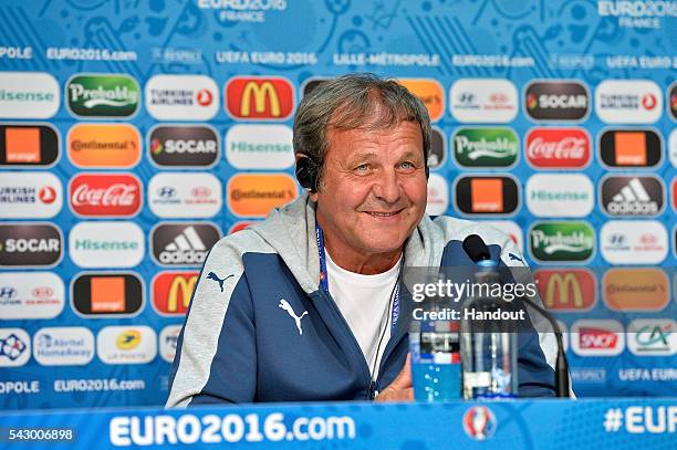 In this handout image provided by UEFA Slovakia Coach Jan Kozak addresses the press before the EURO 2016 1/8th final match between Slovakia and...