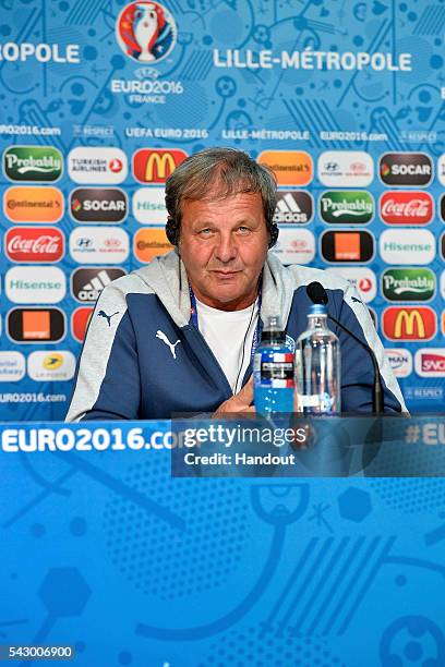 In this handout image provided by UEFA Slovakia Coach Jan Kozak addresses the press before the EURO 2016 1/8th final match between Slovakia and...