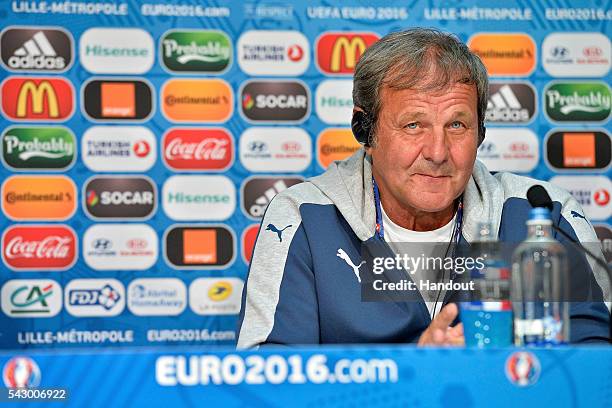 In this handout image provided by UEFA Slovakia Coach Jan Kozak addresses the press before the EURO 2016 1/8th final match between Slovakia and...