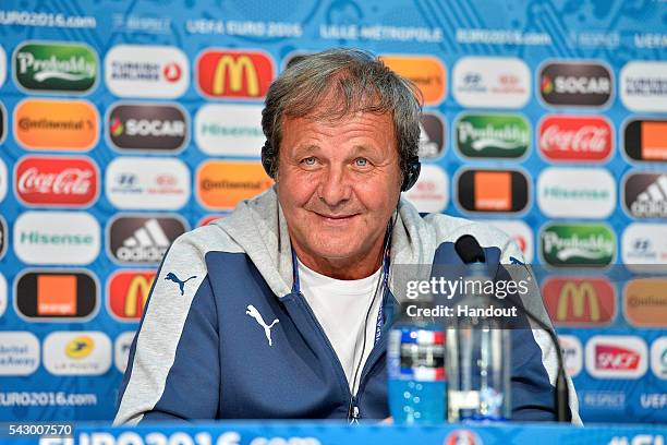 In this handout image provided by UEFA Slovakia Coach Jan Kozak addresses the press before the EURO 2016 1/8th final match between Slovakia and...