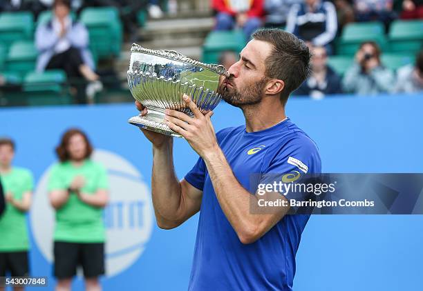 Steve Johnson of the USA during his win in the final against Pablo Cuevas of Uruguay during day 6 of the ATP Aegon Open Nottingham on June 25, 2016...