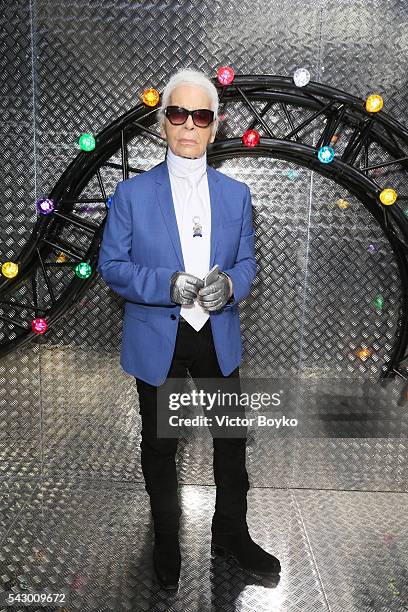 Karl Lagerfeld poses backstage before the Dior Homme Menswear Spring/Summer 2017 show as part of Paris Fashion Week on June 25, 2016 in Paris, France.