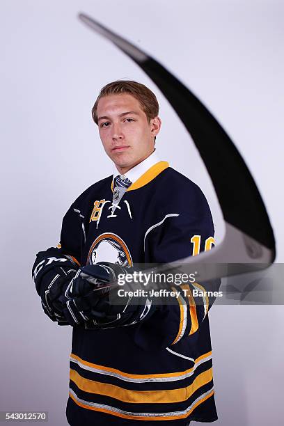 Austin Osmanski poses for a portrait after being selected 189th overall by the Buffalo Sabres during the 2016 NHL Draft on June 25, 2016 in Buffalo,...