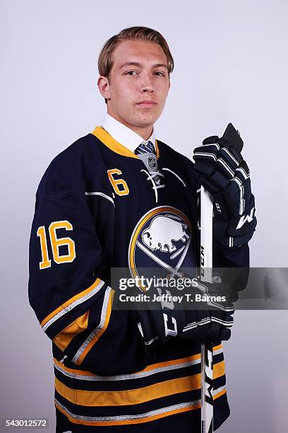 Austin Osmanski poses for a portrait after being selected 189th overall by the Buffalo Sabres during the 2016 NHL Draft on June 25, 2016 in Buffalo,...