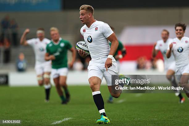 Harry Mallinder captain of England scores a try during the final match against Ireland at AJ Bell Stadium on June 25, 2016 in Salford, England.