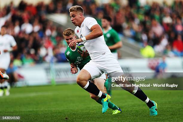 Harry Mallinder captain of England scores his second try during the final match against Ireland at AJ Bell Stadium on June 25, 2016 in Salford,...