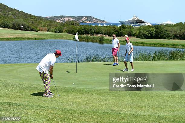 Dom Joly tees off during The Costa Smeralda Invitational golf tournament at Pevero Golf Club - Costa Smeralda on June 25, 2016 in Olbia, Italy.