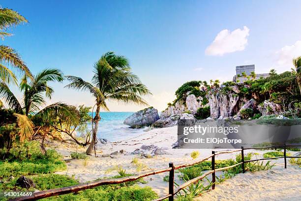view of tulum beach, god of winds temple, mexico - el carmen location imagens e fotografias de stock