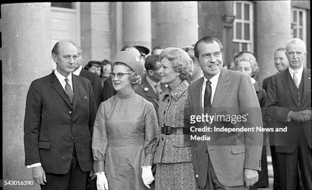 At Dublin Castle for the luncheon in their honour, US President Richard Nixon and First Lady Pat Nixon appears with An Taoiseach Jack Lynch and his...