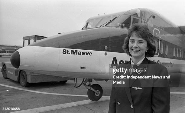 Aer Lingus' first female Captain Grainne Cronin at Dublin Airport, Dublin, Ireland, April 14, 1988.