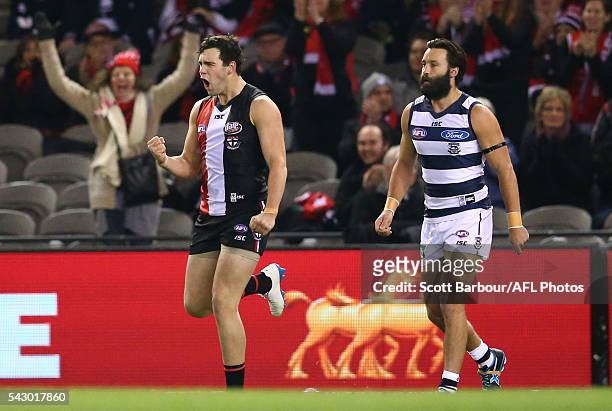 Paddy McCartin of the Saints celebrates after kicking a goal during the round 14 AFL match between the St Kilda Saints and the Geelong Cats at Etihad...