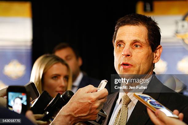 Boston Bruins General manager Don Sweeney speaks to the media during the 2016 NHL Draft on June 25, 2016 in Buffalo, New York.