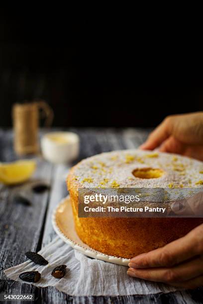 fluffy and gluten free sponge cake, flavored with lemon and tonka bean - cornmeal stock pictures, royalty-free photos & images