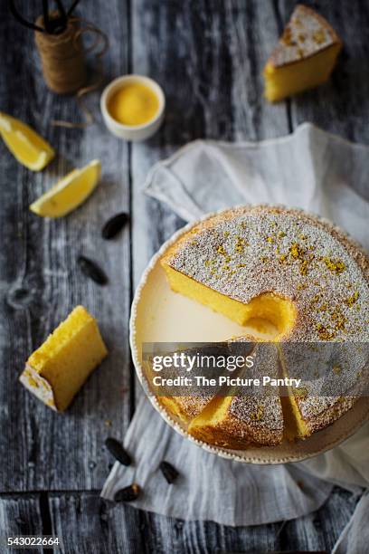 fluffy and gluten free sponge cake, flavored with lemon and tonka bean - cornmeal stock pictures, royalty-free photos & images