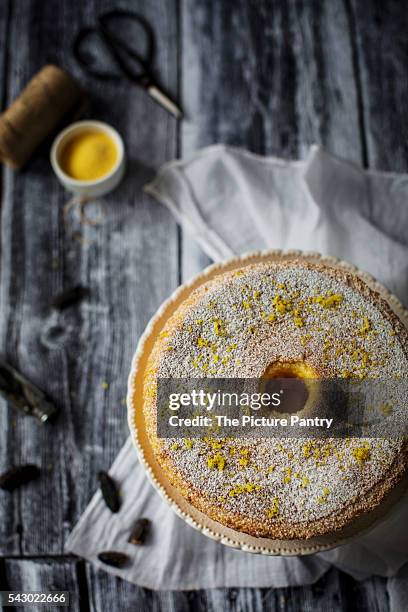 fluffy and gluten free sponge cake, flavored with lemon and tonka bean - cornmeal stock pictures, royalty-free photos & images