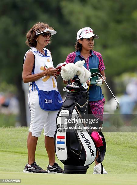 Julieta Granada of Paraguay prepares to hit her second shot on the 18th hole during the second round of the Walmart NW Arkansas Championship...