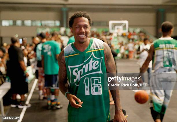 Personality Nick Cannon participates in the celebrity basketball game presented by Sprite during the 2016 BET Experience on June 25, 2016 in Los...