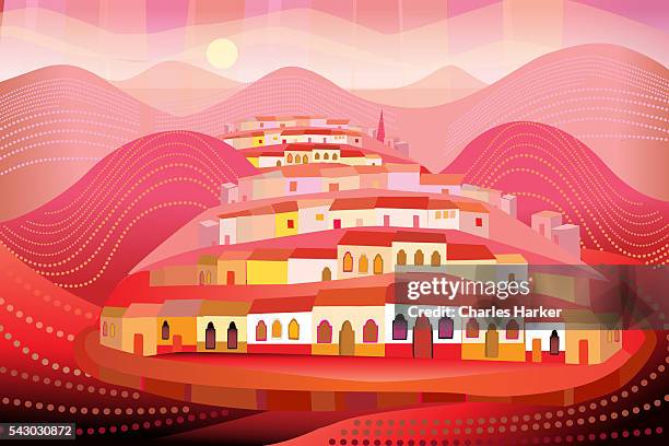 san miguel de allende, mexico on hills in folk style illustration - casa stock-grafiken, -clipart, -cartoons und -symbole