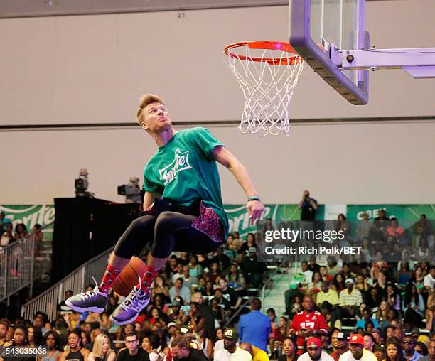 Dunk artist Rafal 'Lipek' Lipinski participates in the slam dunk contest during the 2016 BET Experience on June 25, 2016 in Los Angeles, California.