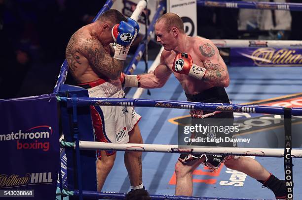 George Groves forces Martin Murray against the ropes during the WBA International Super Middleweight title fight at The O2 Arena on June 25, 2016 in...