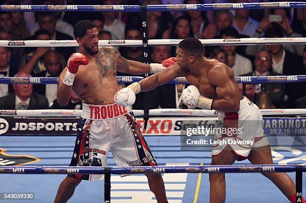 Anthony Joshua throws a right hand punch against Dominic Breazeale during their bout for the IBF World Heavyweight Title at The O2 Arena on June 25,...