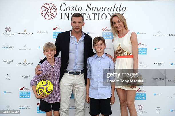 Kristen Pazik, Jordan Shevchenko, Andriy Shevchenko and Christian Shevchenko attend the Gala Dinner during The Costa Smeralda Invitational golf...