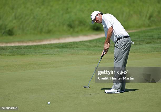 Billy Andrade putts on the third hole during the second round of the Champions Tour American Family Insurance Championship at University Ridge Golf...