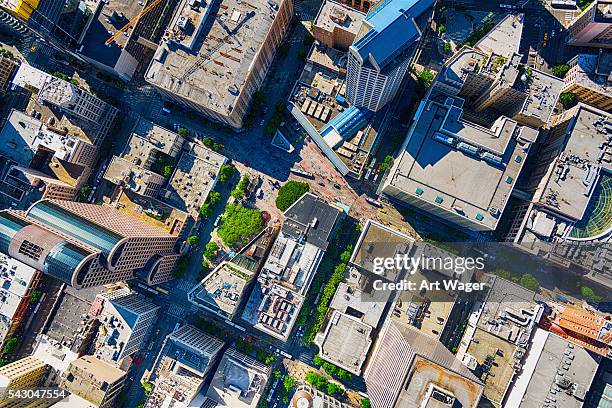 urban downtown aerial of seattle's westlake center - seattle aerial stock pictures, royalty-free photos & images