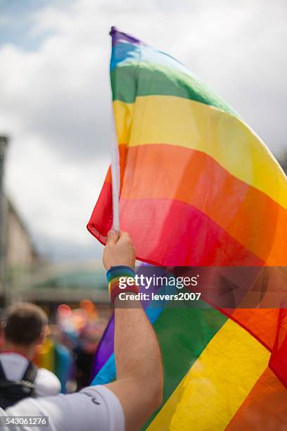 rainbow gay pride flag and wristband in pride parade - gay pride flag stock pictures, royalty-free photos & images