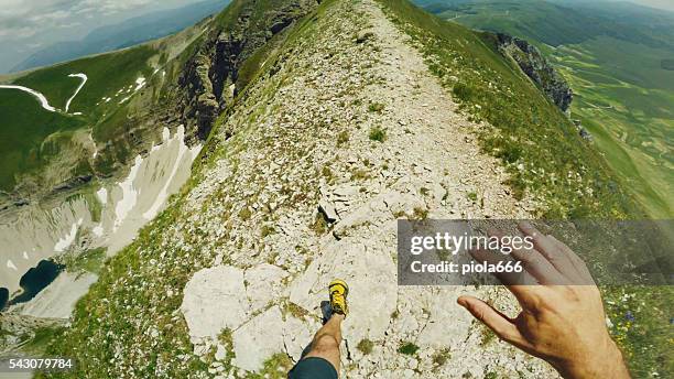 trail running on the mountain pov - personal perspective stock pictures, royalty-free photos & images