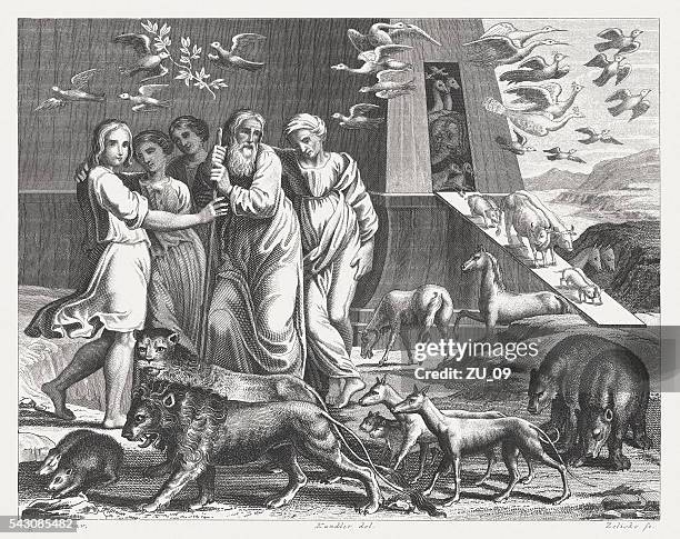 noah and his family leaving the ark (genesis 8) - fresco stock illustrations